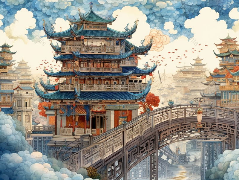 宏伟壮观的古代宫殿古建筑古塔植被传统中式插画背景,插画/手绘图,插画/手绘图库,插画/手绘图下载,插画/手绘